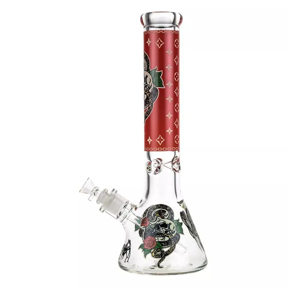 DankStop Beaker Ice Bong with Glow in the Dark Snake and Skull Print | Red