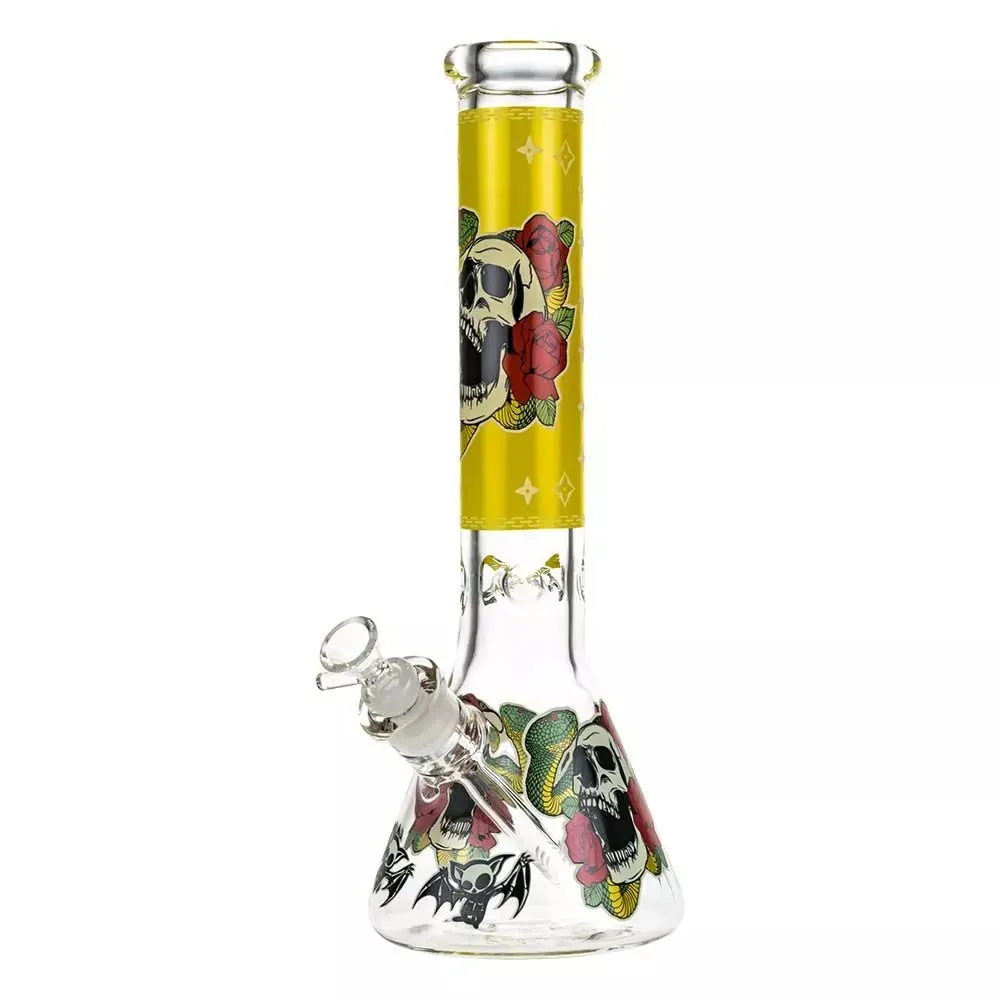 DankStop Beaker Ice Bong with Glow in the Dark Snake and Skull Print | Yellow
