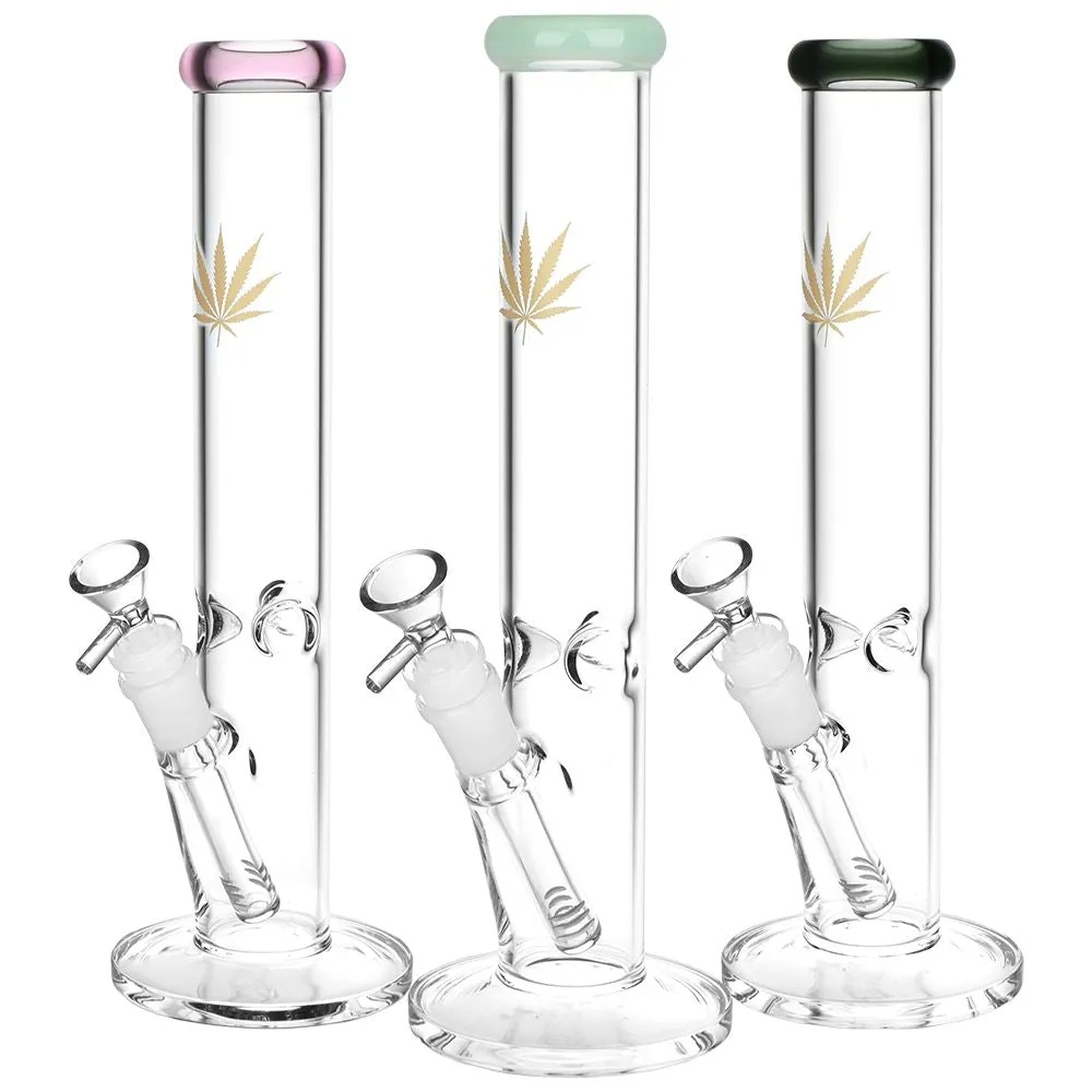 Gold Hemp Leaf Straight Tube Bong - 12" / 14mm F / Colors Vary