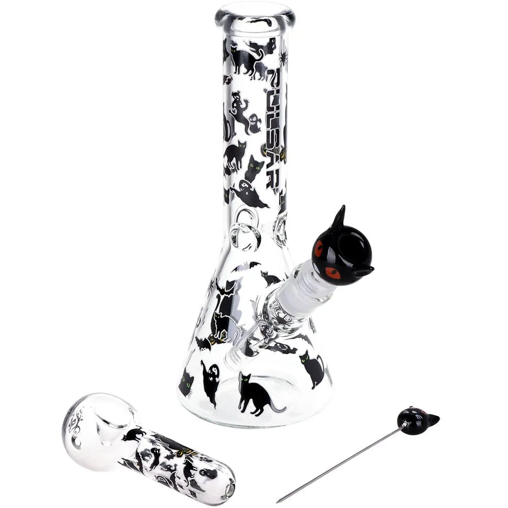 Pulsar Superstitious Kitty GLOW Glass Herb Pipe Duo - 9.75" / 14mm F