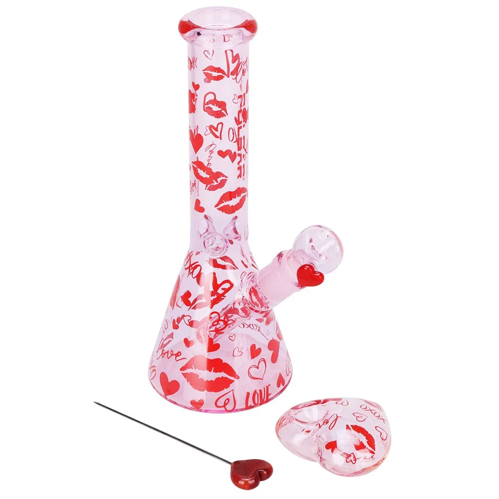 Pulsar Valentine's XOXO Glass Beaker Bong & Hand Pipe Set - 10" / 14mm F