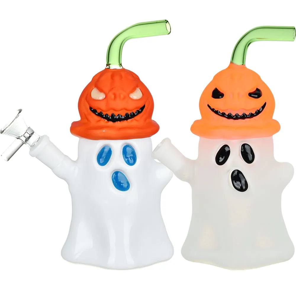 Pumpkin Head Ghost Glow In The Dark Glass Bong - 7.25" / 14mm F / Colors Vary