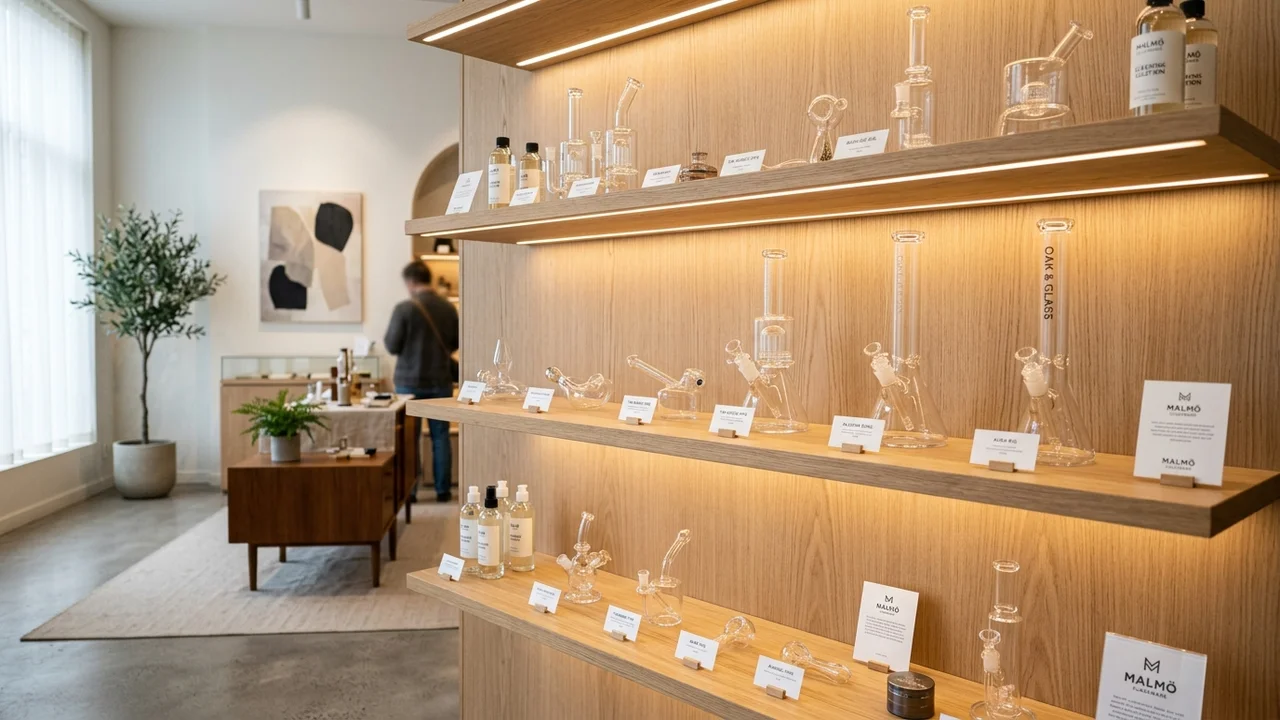 Bong n Pipes main counter and illuminated display shelves